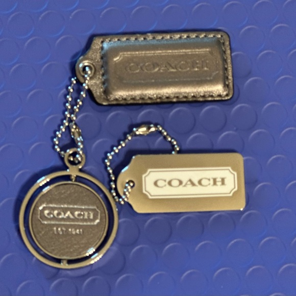 Lot of 3 Coach Hangtags 1 Metal, 1 Metallic Gray Leather, 1 Round Silver Disc - Picture 1 of 15
